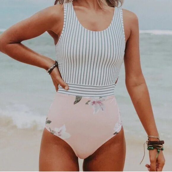 Albion Swimsuit Island Fever Floral Striped Castaway 1 Piece Bathing Suit Medium - Picture 1 of 12